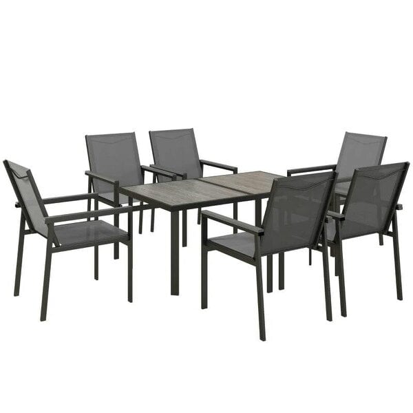 Seven-Piece Metal Dining Set with Glass-Top Table and Texteline Chairs - Grey