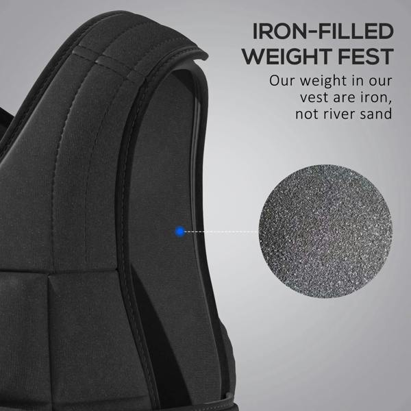 Black weight vest side profile with thick shoulder padding and stitched edging