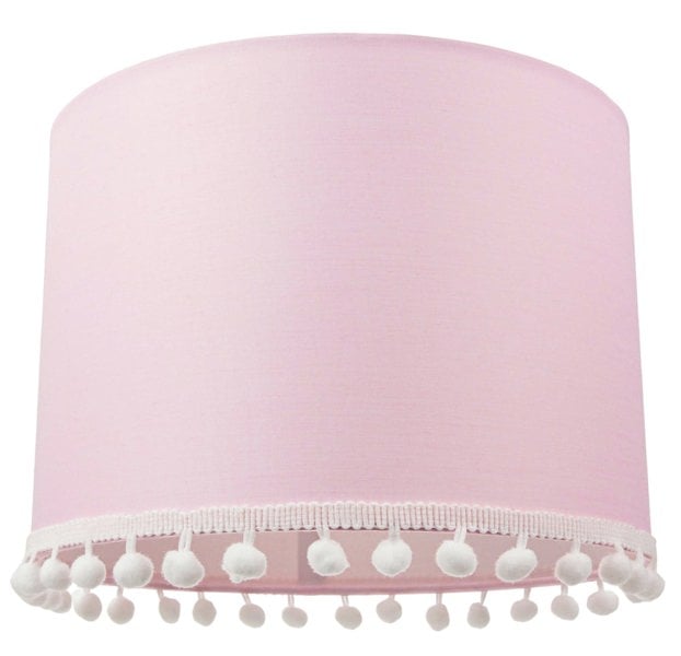 Cute and Modern Pink Cotton 10" Lamp Shade with Small White Woolly Pom Poms Image 1