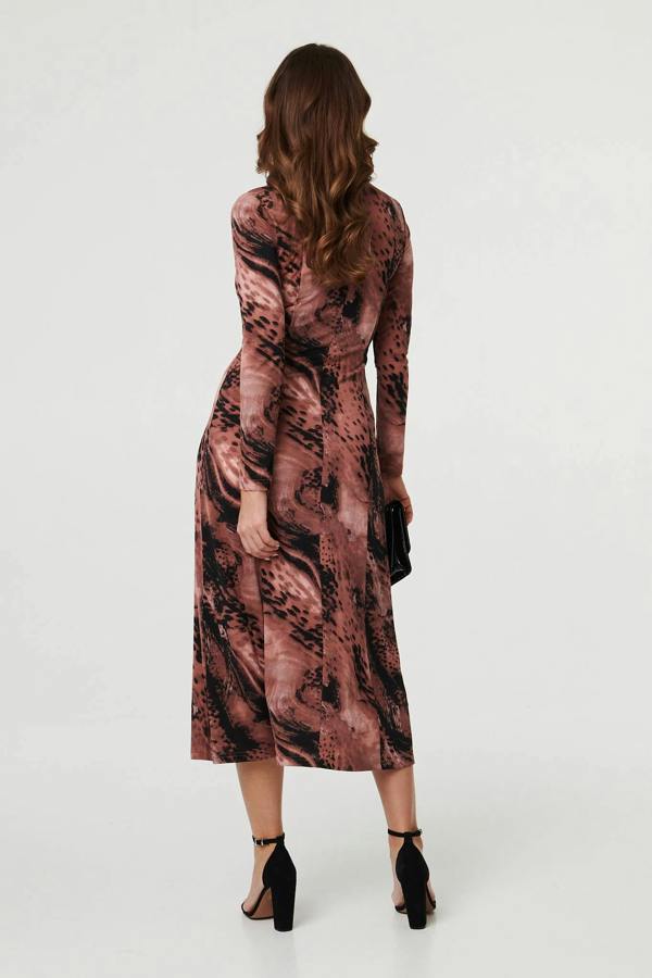 Pink | Abstract Long Sleeve Flared Midi Dress