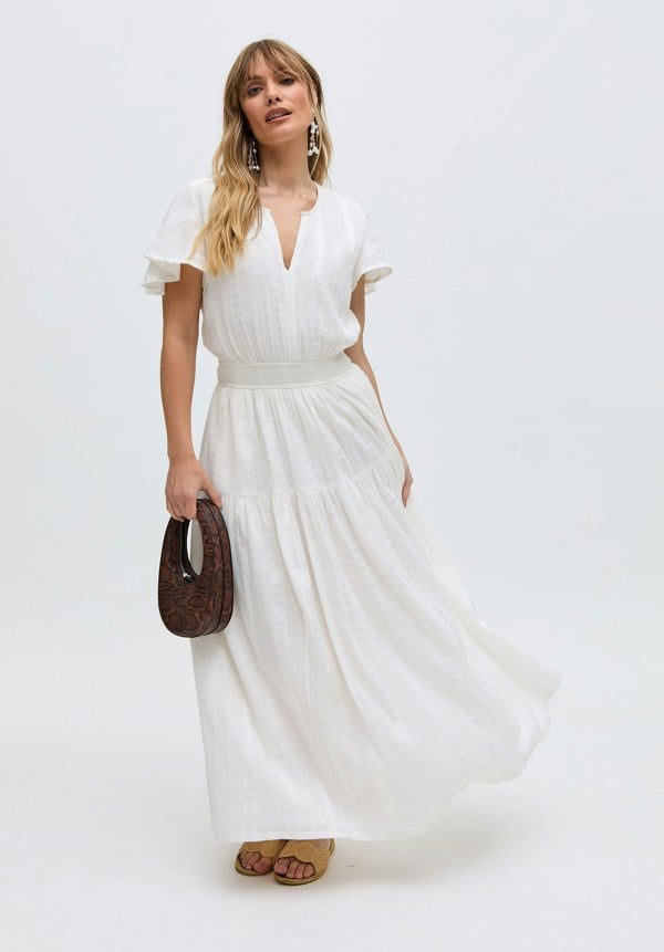 Candice Flutter Sleeve Jacquard Maxi Dress In White