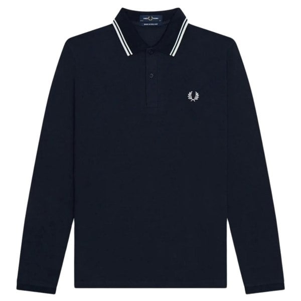 Fred Perry White Twin Tipped Collar Navy Blue Long Sleeve Polo Shirt S