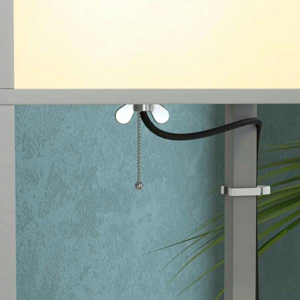 Light grey lamp column with upper socket, white bulbs, and hanging pull chain