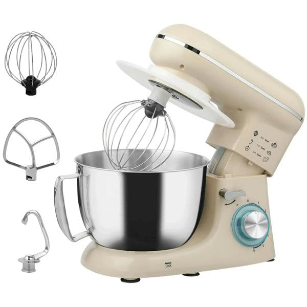 Beige kitchen stand mixer with stainless bowl and whisk attachment, dough hook accessory
