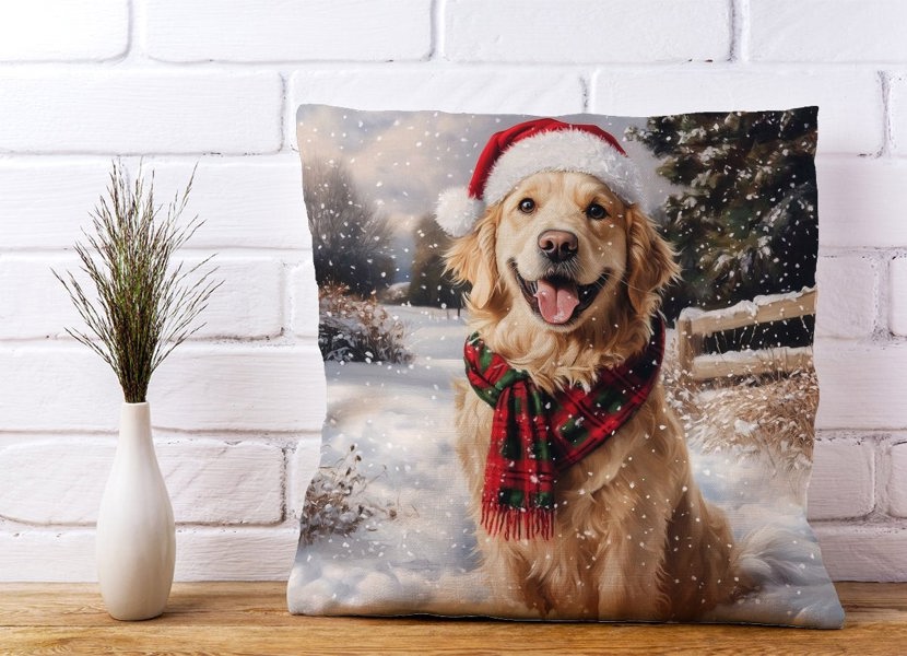 Warren Reed Christmas Golden Retriever Cushion