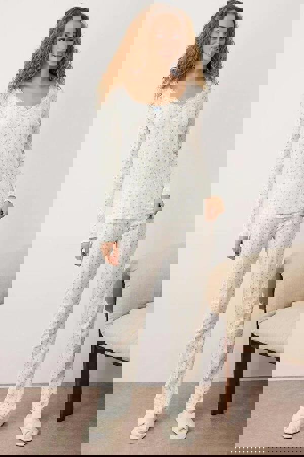 WOVCOR 2-Piece 100% Cotton Floral Lace Detail Ribbed Knit Pajama Set