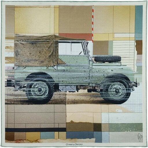 Otway & Orford 'Heritage in Motion' off-roader silk pocket square in green & brown (42 x 42cm)