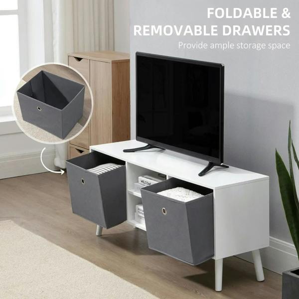 White TV cabinet with foldable grey drawers pulled out for storage, TV on top