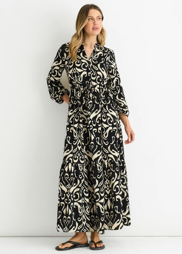 Gini London Black Ikat Print Tie Waist Maxi Dress