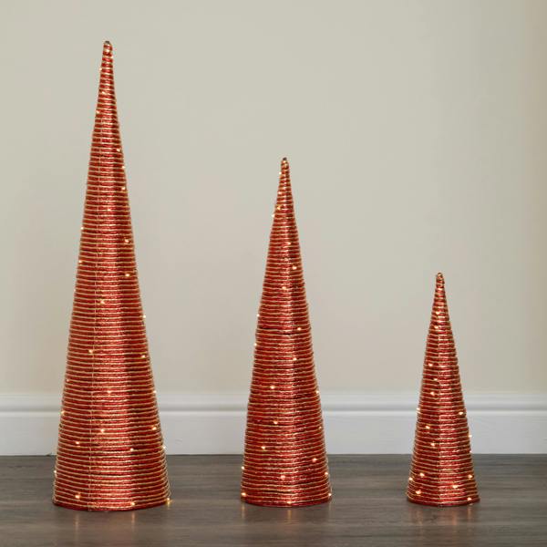 Samuel Alexander Set of 3 Light Up Christmas Cone Trees with Warm White LEDs & Timer