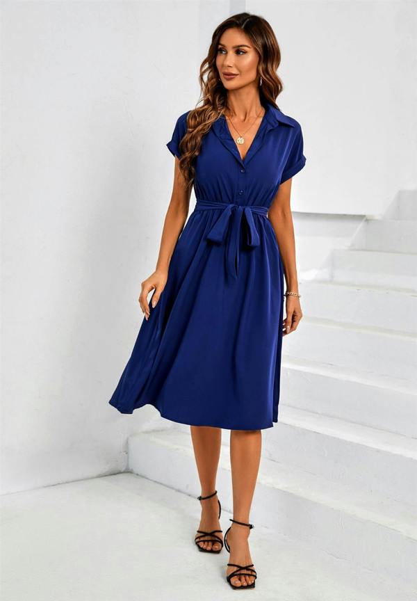 FS Collection Short Sleeve Shirt Midi Dress In Navy