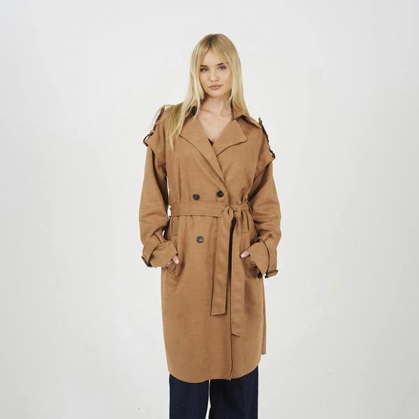 Brave Soul Tan Faux Suede Double Breasted Trench Coat - Tan Image 1