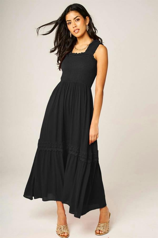 FS Collection Lace Detail Tiered Maxi Dress In Black