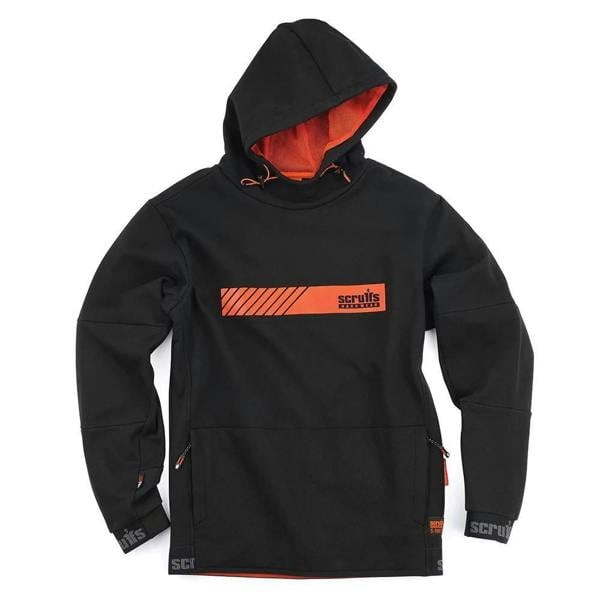 Scruffs Tech Mens Winter Warm Hooded Hoodie Sweat Shirt Jumper, black hoodie with orange interior lining and graphic logo on chest.