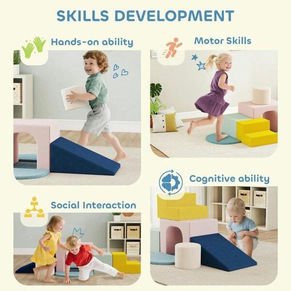 8-Piece Foam Play Blocks for Kids, Soft Motor Skill Blocks with Washable Velvet Covers, Indoor Climbing Set, Multicolor