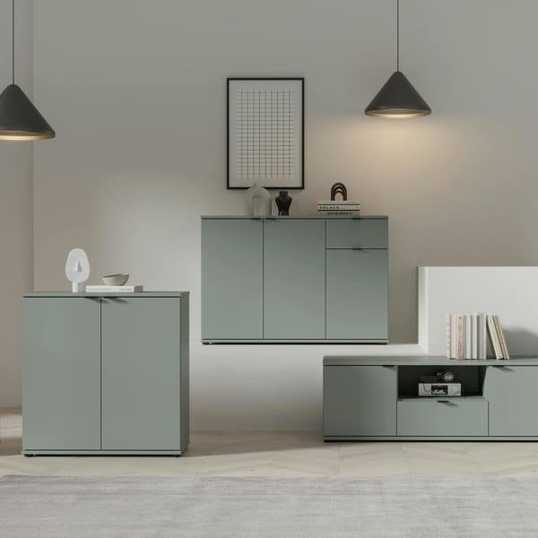 Furniture To Go Ganymede Wide 3 Door Cupboard with Drawer in Sage Green