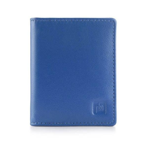 Blue wallet with a brand logo on a white background