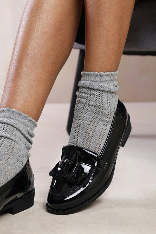 Where's That From Imogen Flatform Slip on Loafers Shoes With Tassle in Black Patent Faux Leather