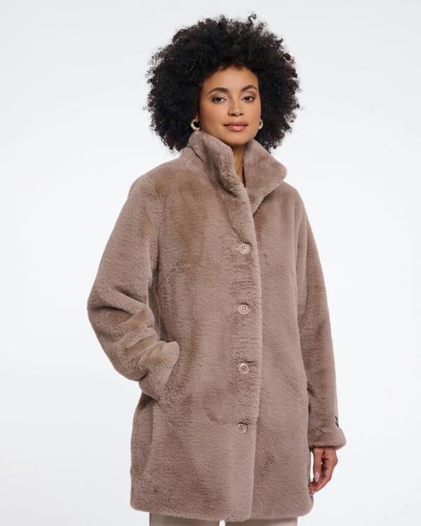 Rino & Pelle Nonna Womens Single Breasted Faux Fur Coat - Mocha Latte | CHO | Designer Womens faux fur coat