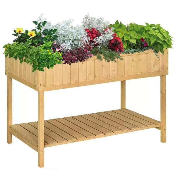 Rectangular wooden 8-compartment planter stand on raised frame, oak tone