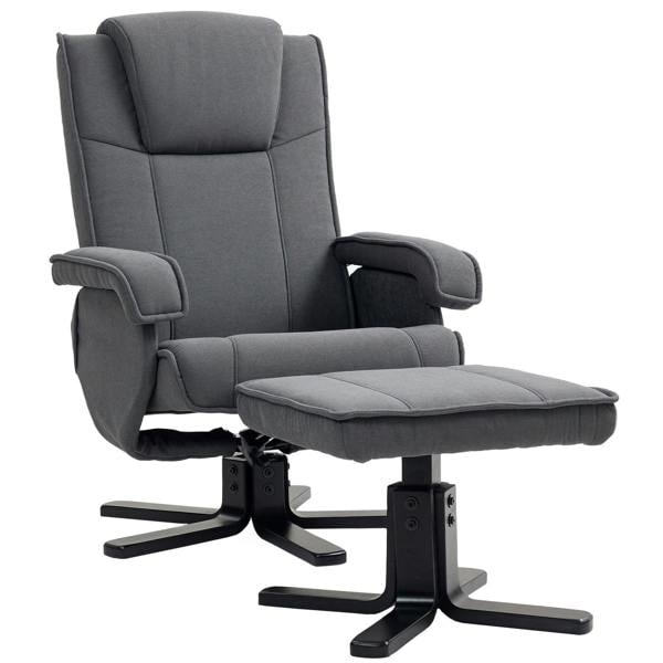 Charcoal grey velvet swivel recliner with matching footstool and curved armrests, black base.