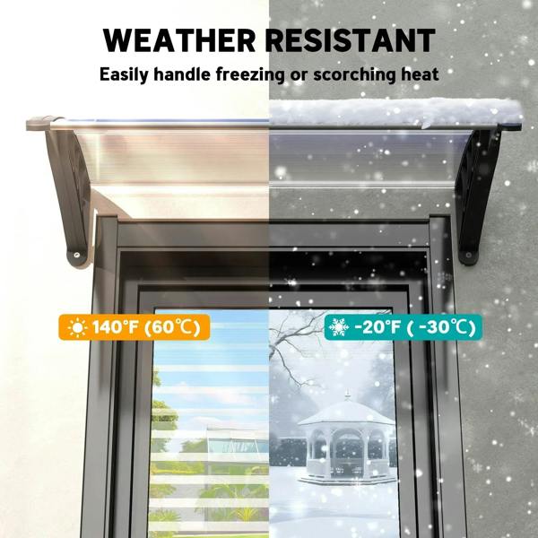 Weatherproof front door canopy with clear panel and black wall mounting brackets