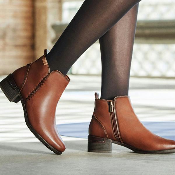Pikolinos Women's Pikolinos Malaga Cuero Brown Leather Ankle Bootie Zip Mid-Heel Everyday Boots