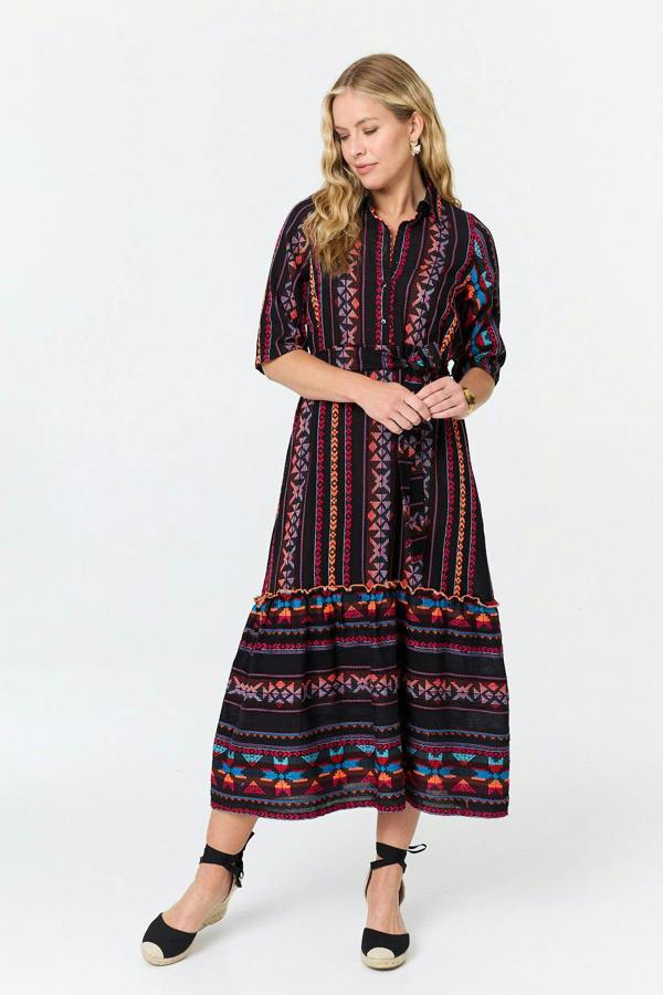 Black | Printed 1/2 Sleeve Shirt Midi Dress