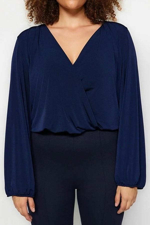 WOVCOR Balloon Sleeve Wrap Collar Knitted Blouse