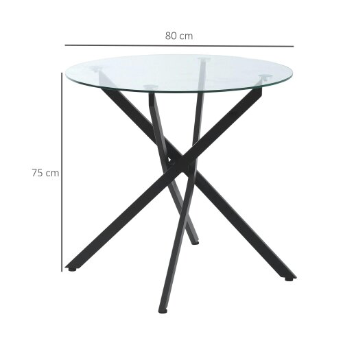 Wyld Haus Bama Metal Black Round Glass Dining Table With Clear Tempered Top For Living And Dining Rooms
