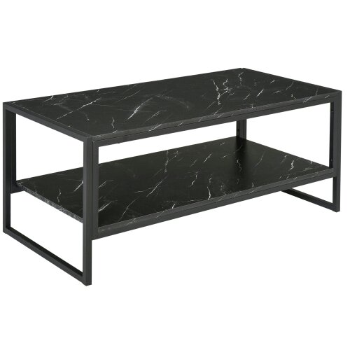 Wyld Haus Minaba Metal And Wood Black 2 Tier Marble Effect Coffee Table With Bottom Shelf