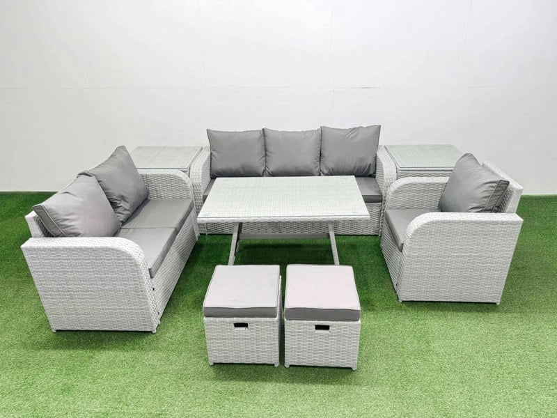Fimous Rattan High Back Lounge Sofa Set Patio Dining Table & Chairs Set with 3 Seater Sofa Reclining Chair 2 Side Tables 2 Small Stool Light Grey