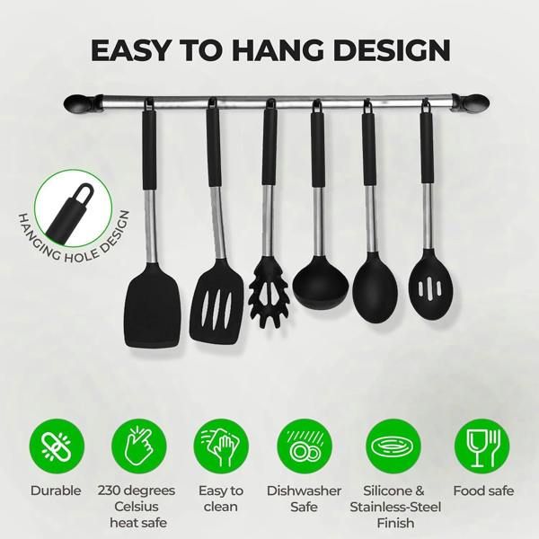 Top 3 8 Piece Silicone Kitchen Utensil Set with Storage Bucket Black