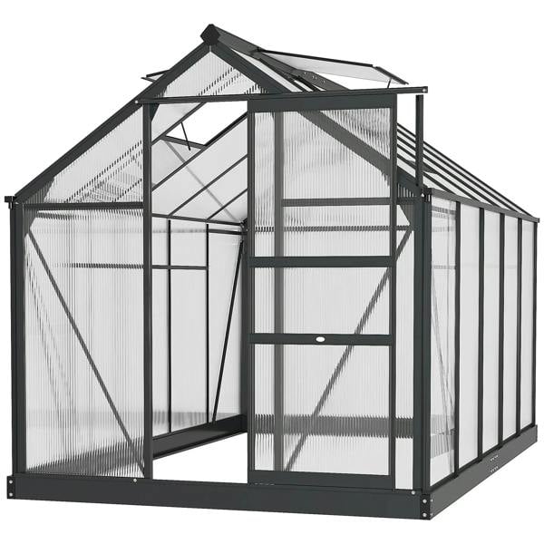Grey greenhouse with clear twin-wall polycarbonate panels, rooftop vent, and sliding door