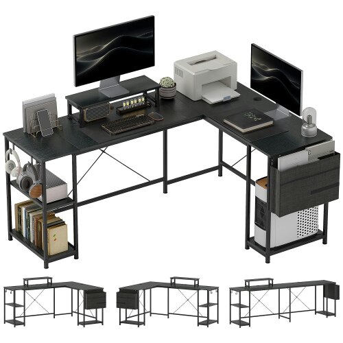 Wyld Haus Kadoso 168cm Black Reversible Industrial L Shaped Desk With Adjustable Shelves And Monitor Stand