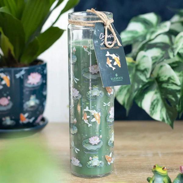 Green glass tube scented candle with koi and lotus pond print