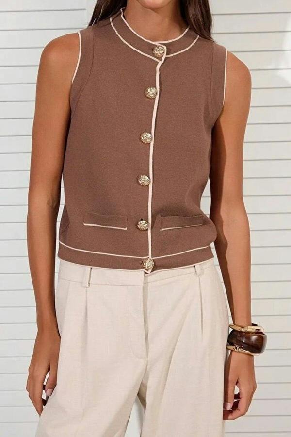 WOVCOR Crew Neck Color Block Knit Thin Blouse