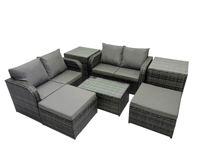 Fimous Outdoor Love Sofa Coffee Table Set Garden Rattan Furniture Set 6 Seater with 2 Side Tables 2 Big Stools Dark Grey