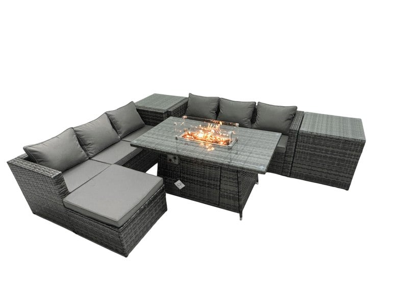 Fimous Rattan Garden Furniture Firepit Dining Set 6 Seater Lounge Sofa Table Set with 2 Side Tables Footstool