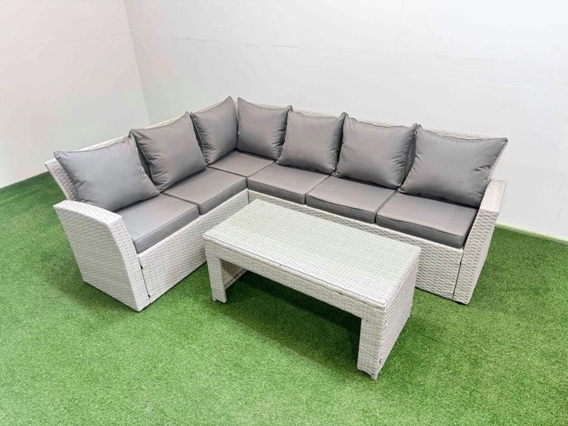 Fimous Rattan Garden Furniture Set Outdoor 6 Seater Corner Sofa Sets with Oblong Coffee Table Light Grey Mixed
