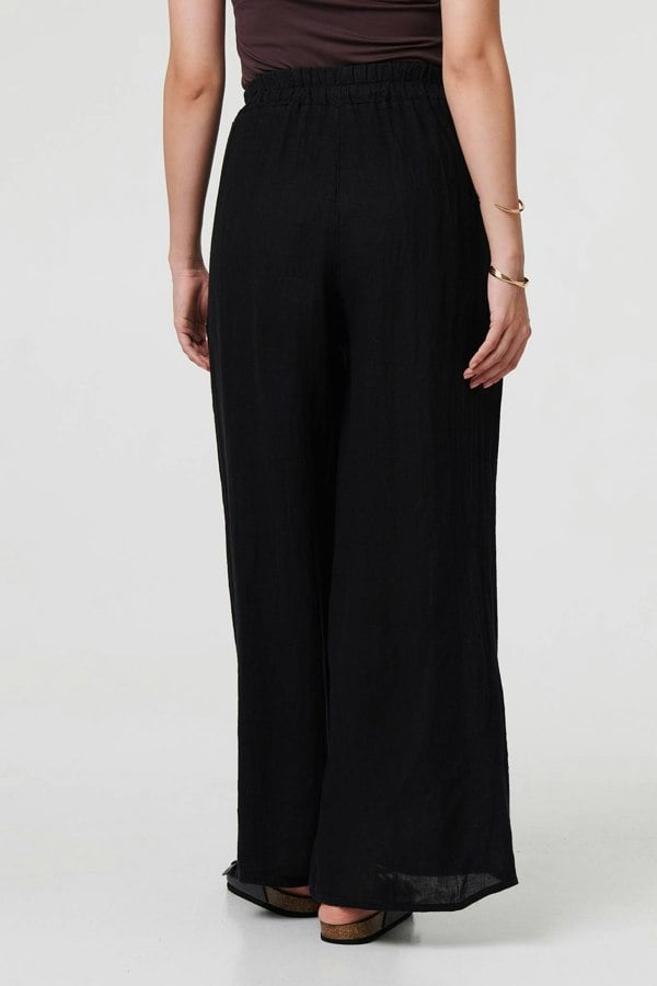 Black | Button Detail Wide High Waist Trousers
