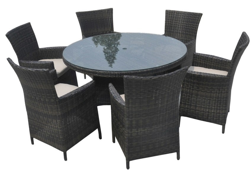 Furniture One 7 PCS Aluminium Rattan Garden Furniture 4 Seat Set, 135CM Round Tempered Glass Dining Table + 6 Chairs Set Full Assembly