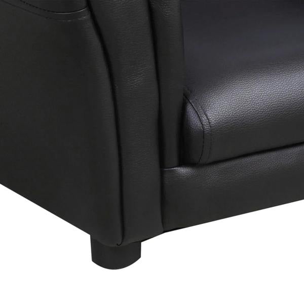 Black kids armchair corner view with cushioned arm and tapered legs