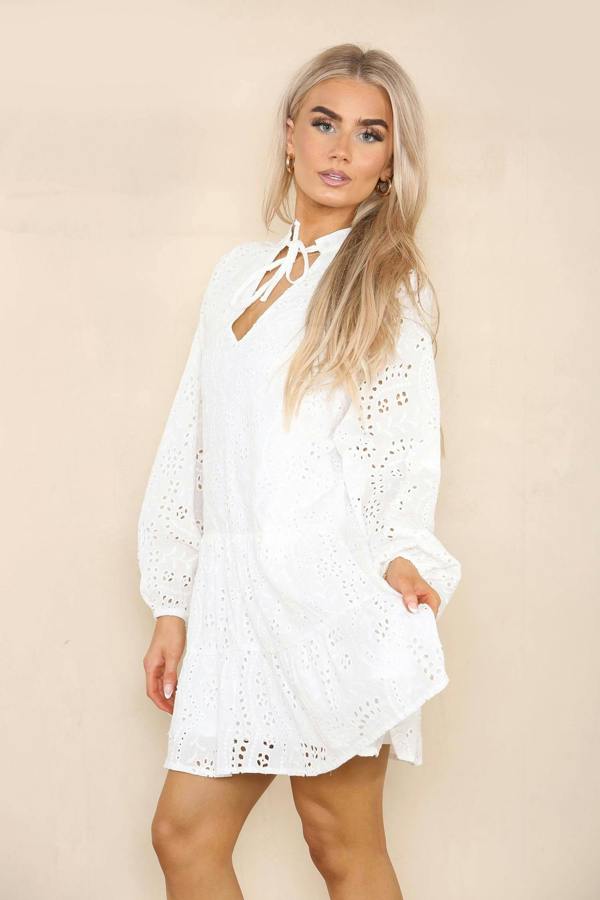 Elaina Fashion Women's White Long Sleeve Floral Flowy Eyelet Embroidery Broderie Swing Mini Smock Dress Pleated Vacation Short Sundress - Elaina Fashion