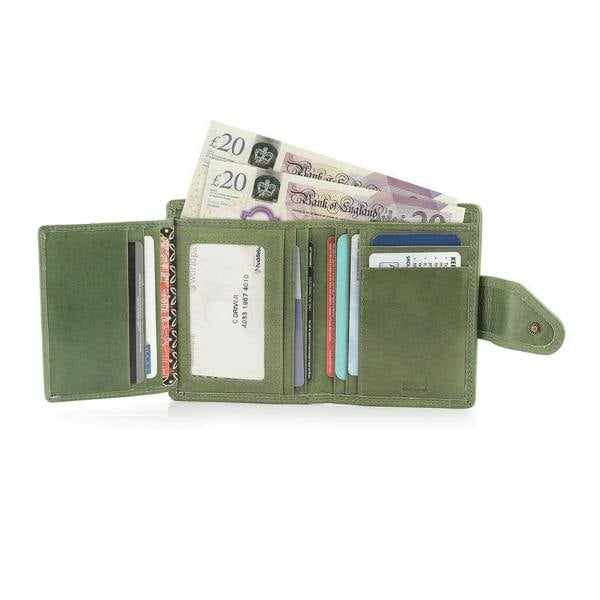 Interior of green Paloma trifold purse showing card slots and compartments with RFID protection