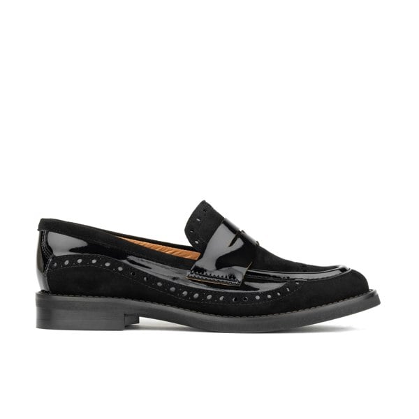 Embassy London Angelina - Black - Women's leather almond toe penny loafer with broguing