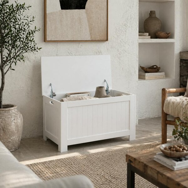 Wyld Haus Loro Farmhouse Wooden White Lift Top Storage Chest With Safety Hinges