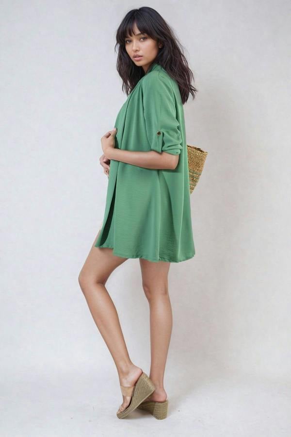 Vivian Open Front Roll Up Sleeve Cardigan - Green