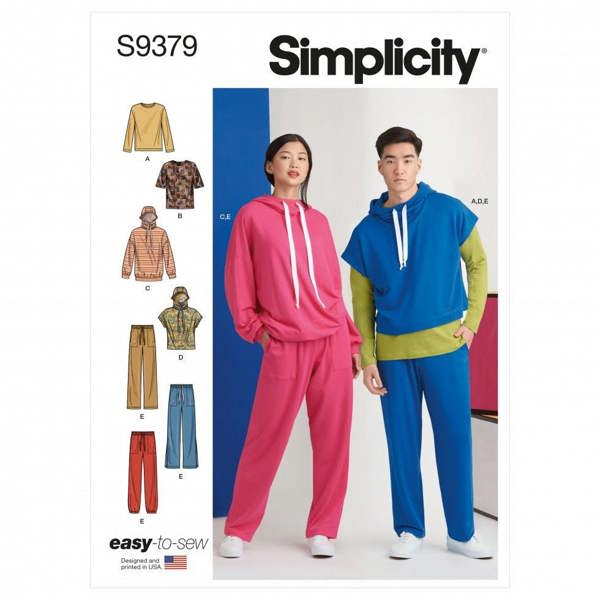 Simplicity Sewing Pattern 9379, Hoodies, Tops, Trousers for Women, Men, A (XS-S-M-L-XL-XXL) - Easy