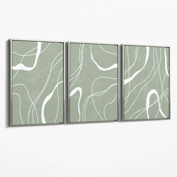 Set of 3 Abstract Green and White Strokes Canvas Art Prints with Silver Float Frame